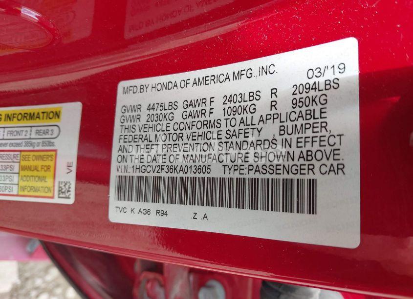 Photo 9 of 2019 Honda Accord SPORT 2.0T (VIN 1HGCV2F36KA013605)