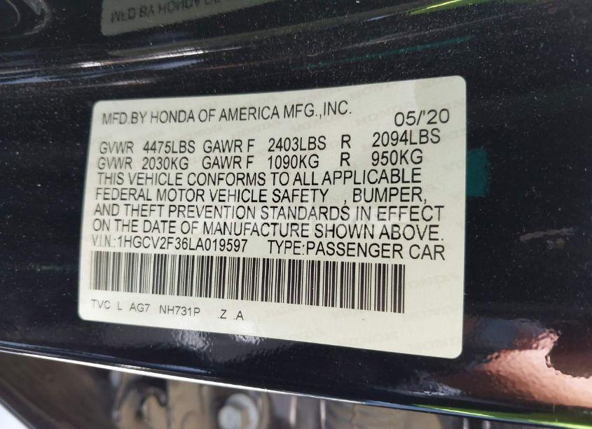 Photo 9 of 2020 Honda Accord SPORT 2.0T (VIN 1HGCV2F36LA019597)