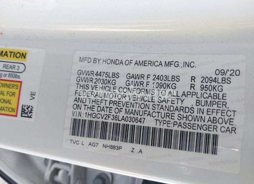 Photo 9 of 2020 Honda Accord SPORT 2.0T (VIN 1HGCV2F36LA030647)