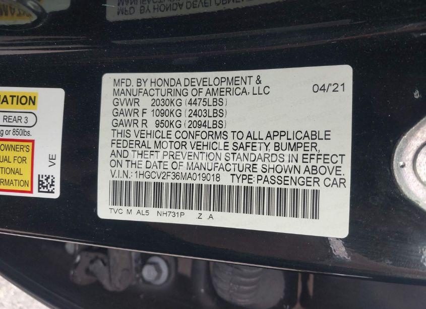 Photo 9 of 2021 Honda Accord SPORT 2.0T (VIN 1HGCV2F36MA019018)