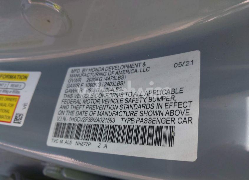 Photo 9 of 2021 Honda Accord SPORT 2.0T (VIN 1HGCV2F36MA021593)