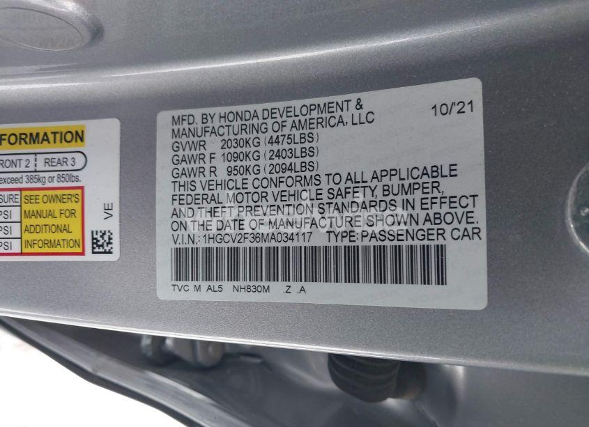 Photo 9 of 2021 Honda Accord SPORT 2.0T (VIN 1HGCV2F36MA034117)