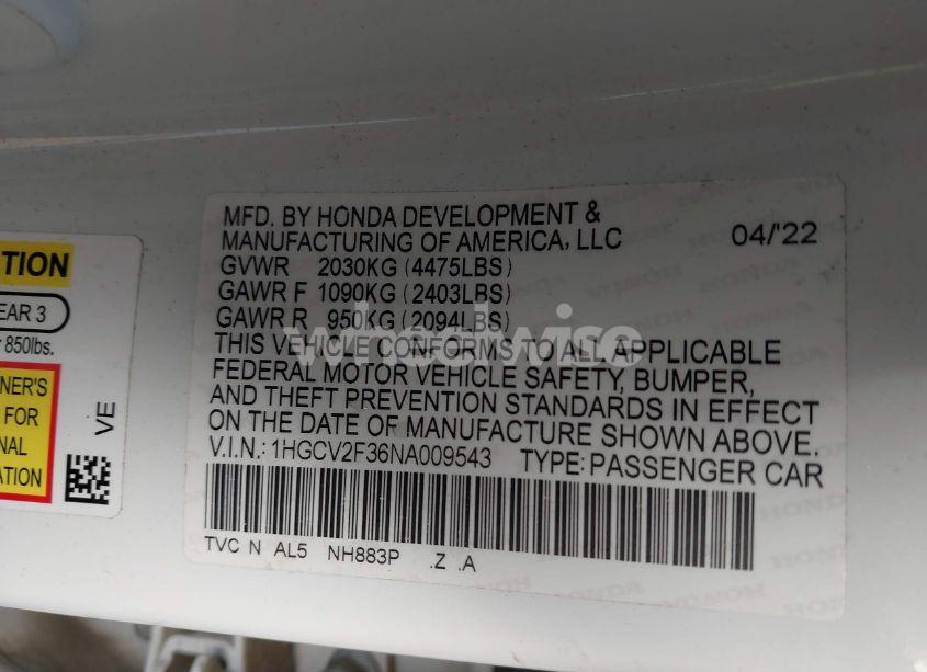 Photo 9 of 2022 Honda Accord SPORT 2.0T (VIN 1HGCV2F36NA009543)