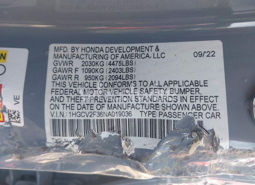 Photo 9 of 2022 Honda Accord SPORT 2.0T (VIN 1HGCV2F36NA019036)