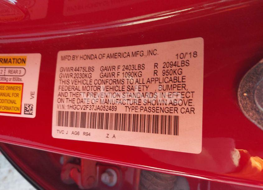 Photo 9 of 2018 Honda Accord SPORT 2.0T (VIN 1HGCV2F37JA052489)