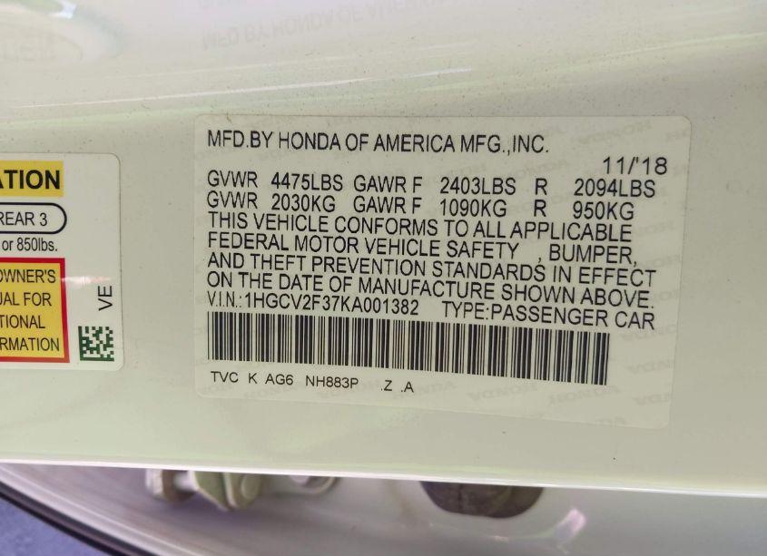 Photo 9 of 2019 Honda Accord SPORT 2.0T (VIN 1HGCV2F37KA001382)