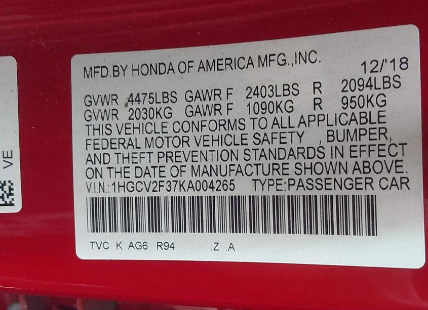 Photo 9 of 2019 Honda Accord SPORT 2.0T (VIN 1HGCV2F37KA004265)