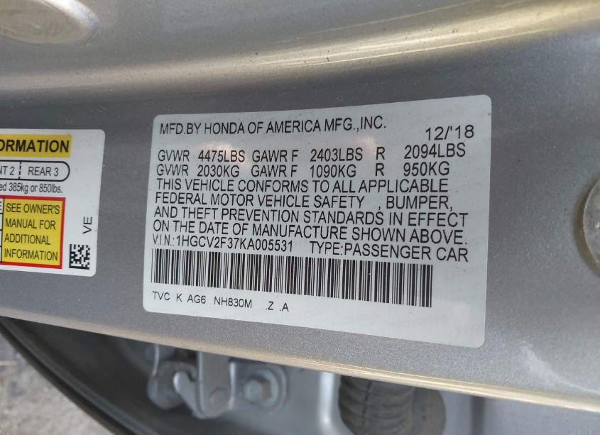 Photo 9 of 2019 Honda Accord SPORT 2.0T (VIN 1HGCV2F37KA005531)