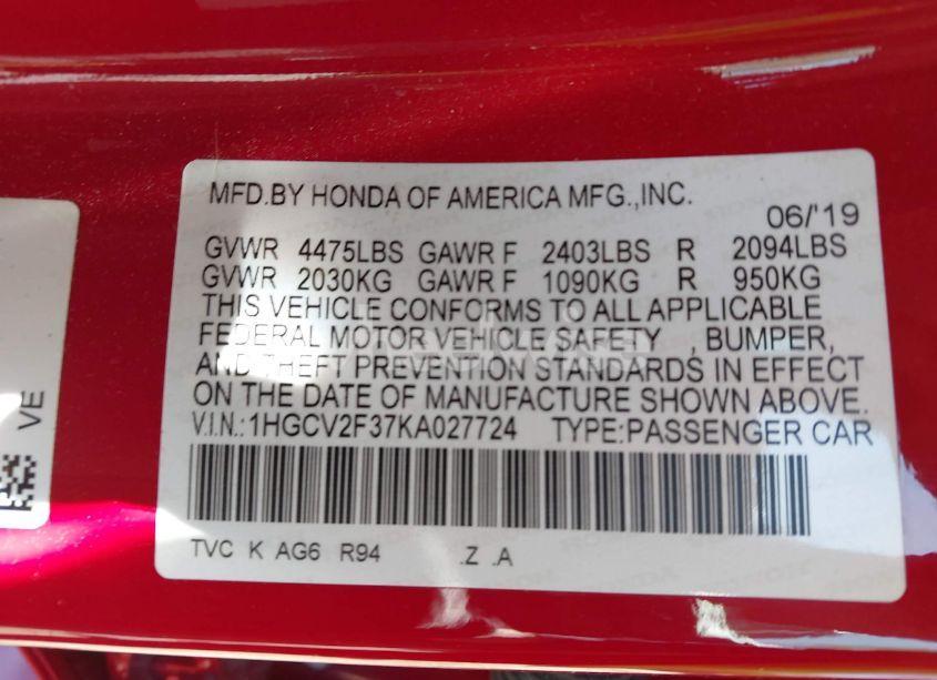 Photo 9 of 2019 Honda Accord SPORT 2.0T (VIN 1HGCV2F37KA027724)