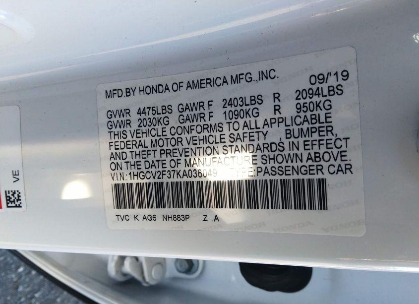 Photo 9 of 2019 Honda Accord SPORT 2.0T (VIN 1HGCV2F37KA036049)