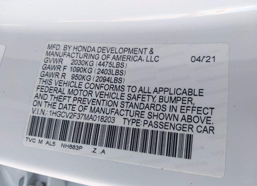 Photo 9 of 2021 Honda Accord SPORT 2.0T (VIN 1HGCV2F37MA018203)