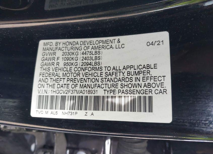 Photo 9 of 2021 Honda Accord SPORT 2.0T (VIN 1HGCV2F37MA018931)