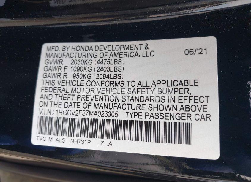 Photo 9 of 2021 Honda Accord SPORT 2.0T (VIN 1HGCV2F37MA023305)