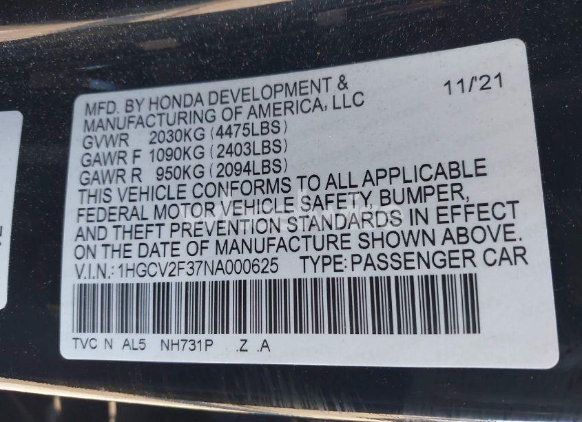 Photo 9 of 2022 Honda Accord SPORT 2.0T (VIN 1HGCV2F37NA000625)