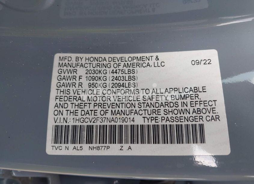 Photo 9 of 2022 Honda Accord SPORT 2.0T (VIN 1HGCV2F37NA019014)