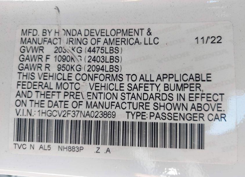 Photo 9 of 2022 Honda Accord SPORT 2.0T (VIN 1HGCV2F37NA023869)