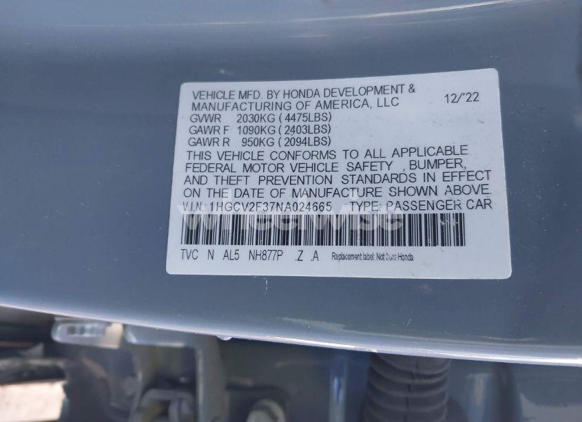 Photo 9 of 2022 Honda Accord SPORT 2.0T (VIN 1HGCV2F37NA024665)