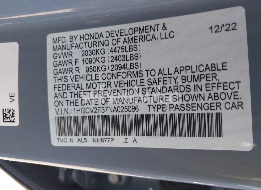 Photo 9 of 2022 Honda Accord SPORT 2.0T (VIN 1HGCV2F37NA025086)