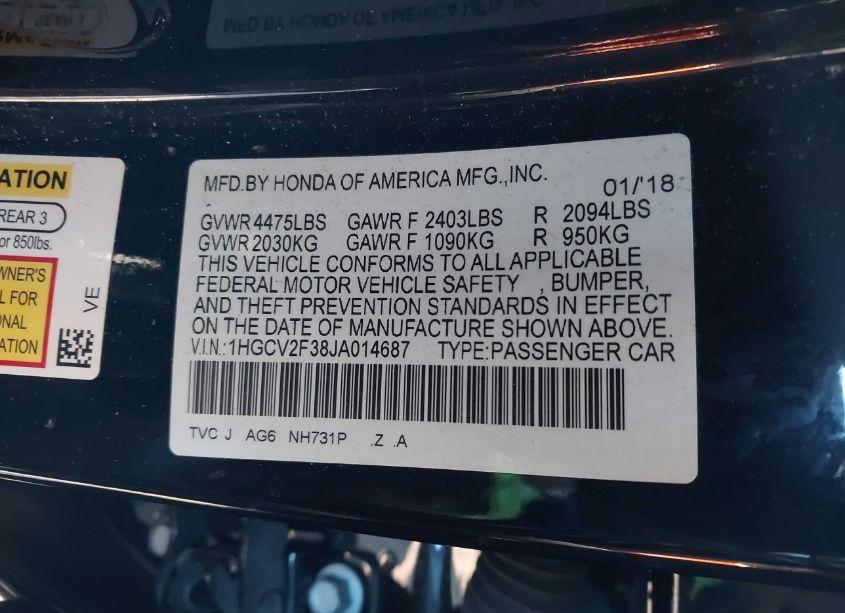 Photo 9 of 2018 Honda Accord SPORT 2.0T (VIN 1HGCV2F38JA014687)