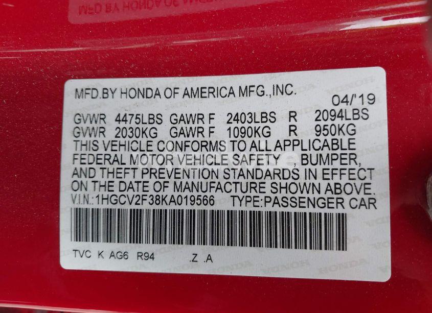 Photo 9 of 2019 Honda Accord SPORT 2.0T (VIN 1HGCV2F38KA019566)