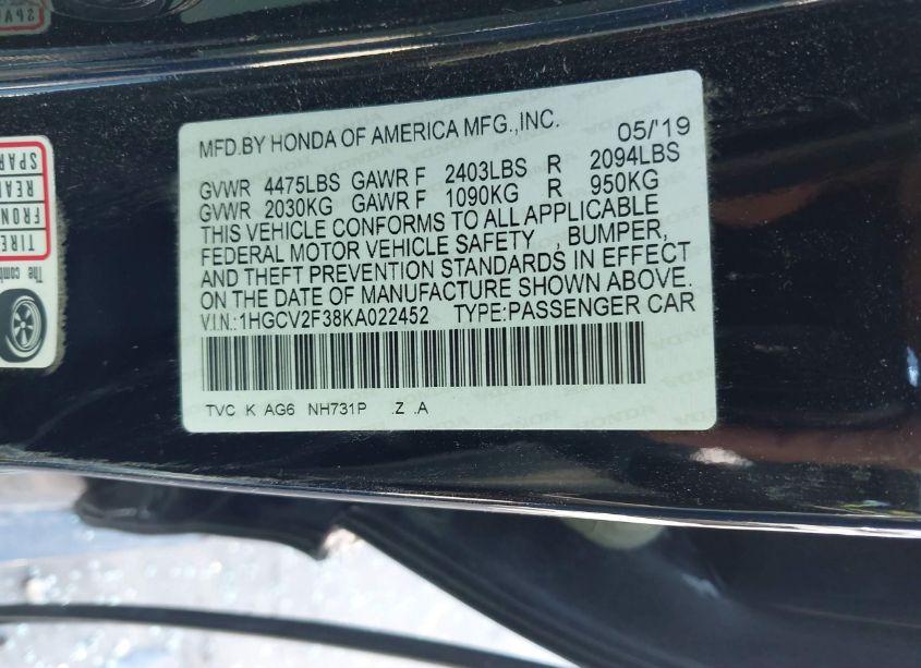 Photo 9 of 2019 Honda Accord SPORT 2.0T (VIN 1HGCV2F38KA022452)