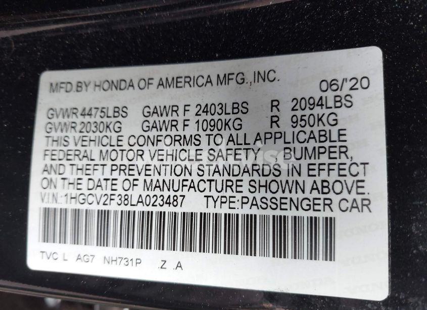 Photo 9 of 2020 Honda Accord SPORT 2.0T (VIN 1HGCV2F38LA023487)