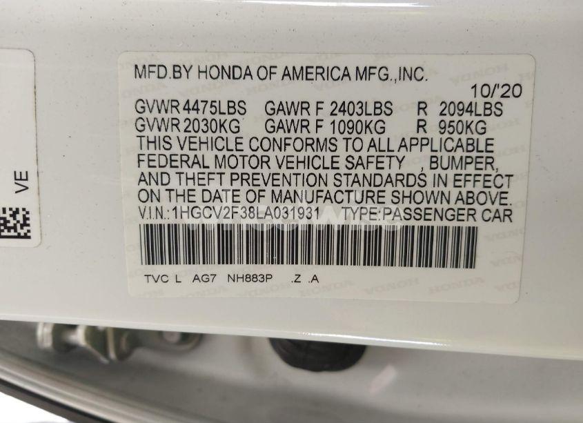 Photo 9 of 2020 Honda Accord SPORT 2.0T (VIN 1HGCV2F38LA031931)
