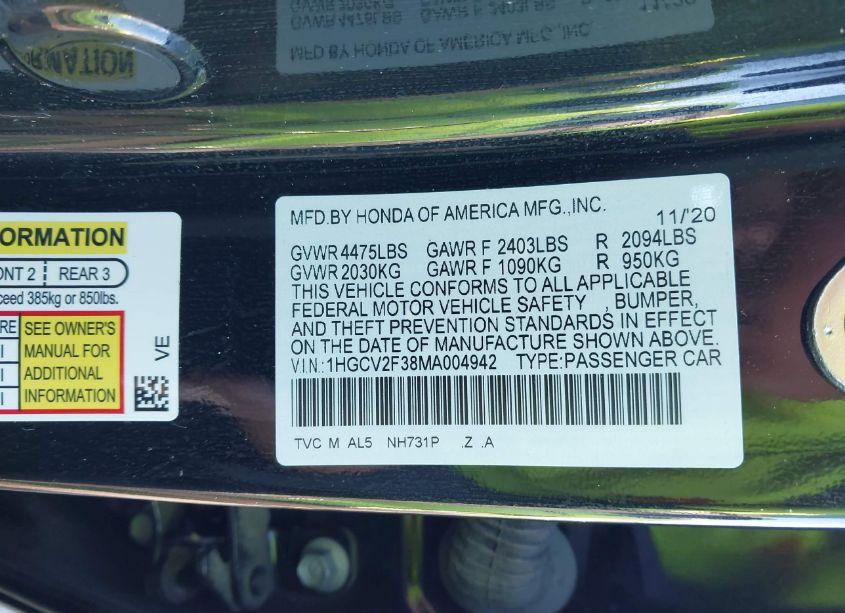 Photo 9 of 2021 Honda Accord SPORT 2.0T (VIN 1HGCV2F38MA004942)