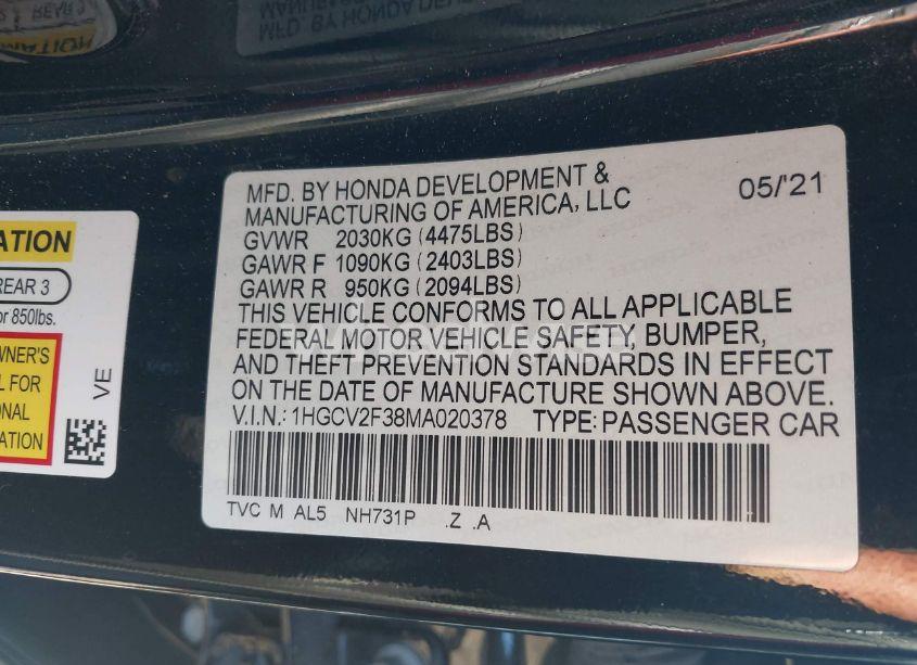 Photo 9 of 2021 Honda Accord SPORT 2.0T (VIN 1HGCV2F38MA020378)