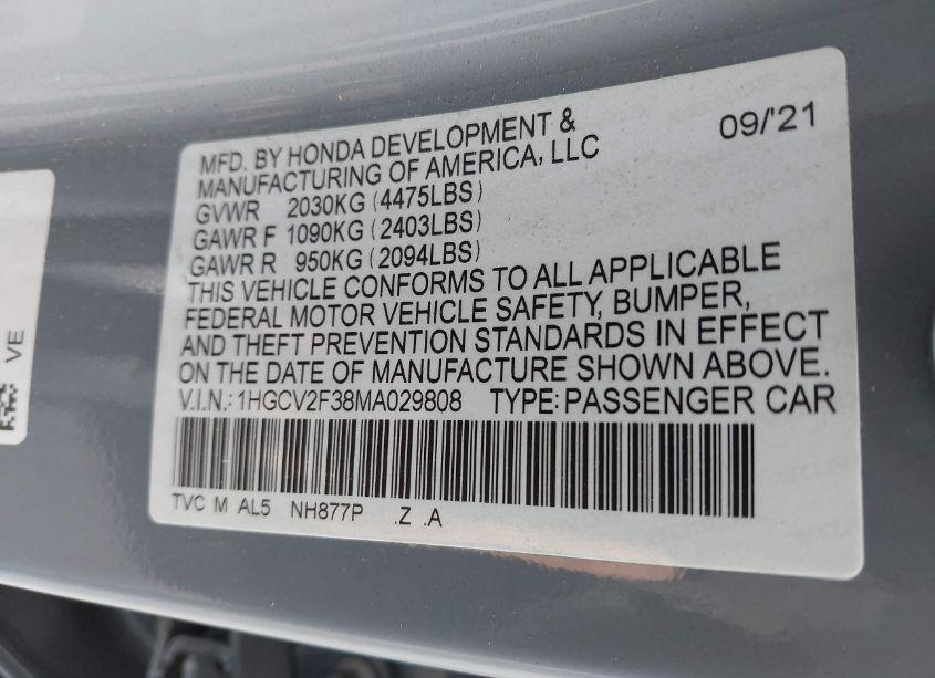 Photo 9 of 2021 Honda Accord SPORT 2.0T (VIN 1HGCV2F38MA029808)