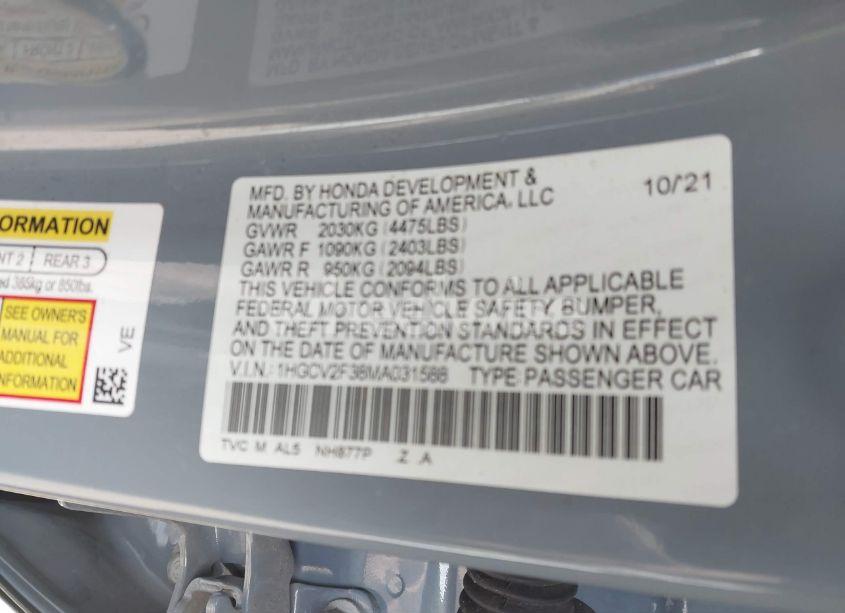 Photo 9 of 2021 Honda Accord SPORT 2.0T (VIN 1HGCV2F38MA031588)