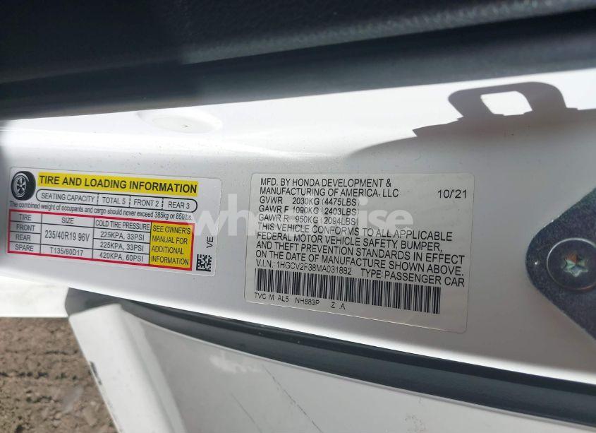 Photo 9 of 2021 Honda Accord SPORT 2.0T (VIN 1HGCV2F38MA031882)