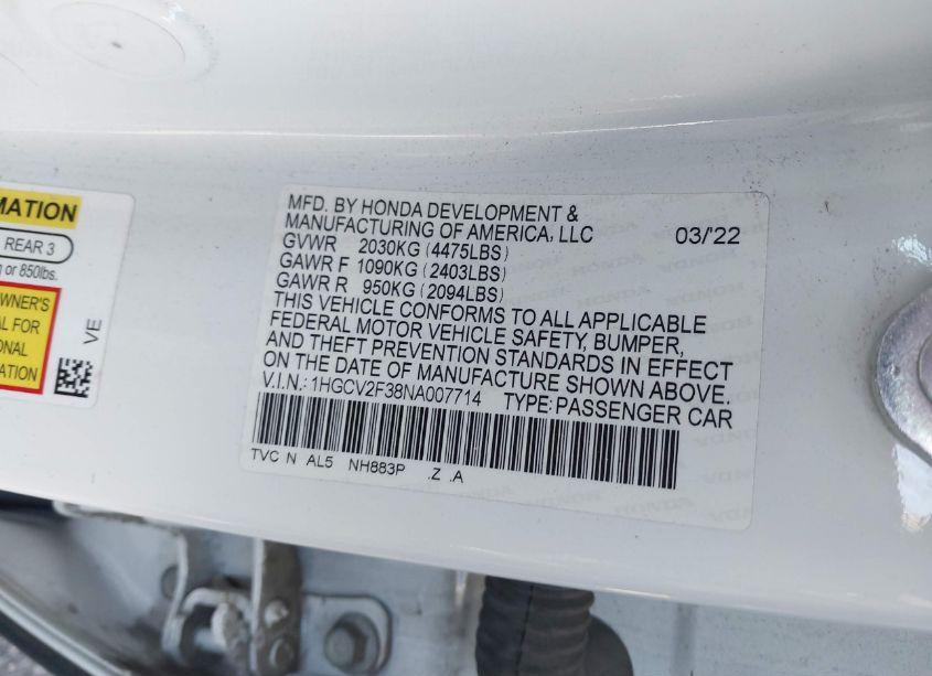 Photo 9 of 2022 Honda Accord SPORT 2.0T (VIN 1HGCV2F38NA007714)