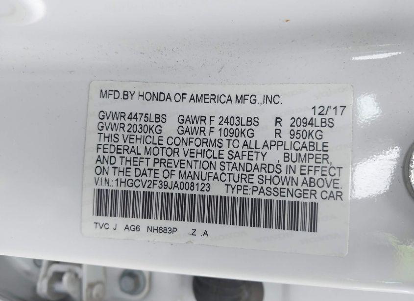 Photo 9 of 2018 Honda Accord SPORT 2.0T (VIN 1HGCV2F39JA008123)