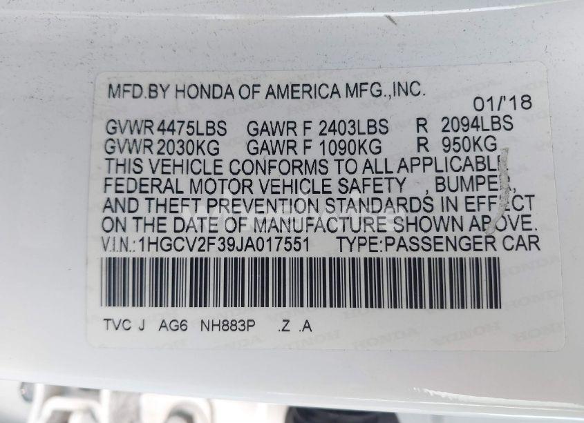 Photo 9 of 2018 Honda Accord SPORT 2.0T (VIN 1HGCV2F39JA017551)