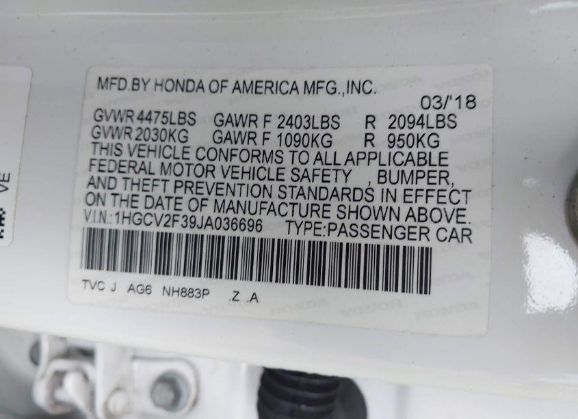 Photo 9 of 2018 Honda Accord SPORT 2.0T (VIN 1HGCV2F39JA036696)