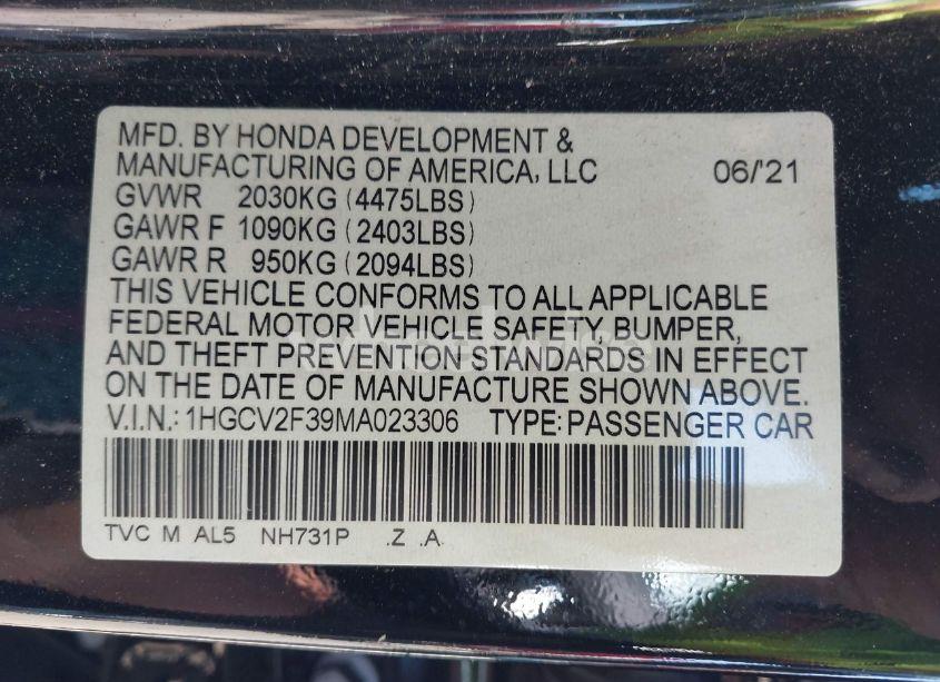 Photo 9 of 2021 Honda Accord SPORT 2.0T (VIN 1HGCV2F39MA023306)
