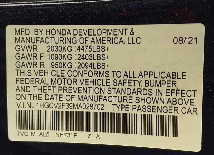 Photo 9 of 2021 Honda Accord SPORT 2.0T (VIN 1HGCV2F39MA028702)