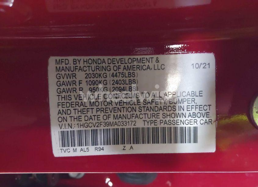 Photo 9 of 2021 Honda Accord SPORT 2.0T (VIN 1HGCV2F39MA033172)