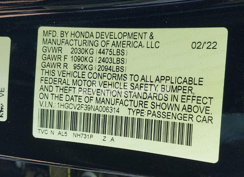 Photo 9 of 2022 Honda Accord SPORT 2.0T (VIN 1HGCV2F39NA006314)