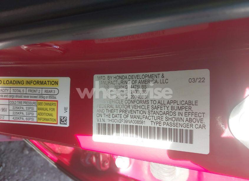 Photo 9 of 2022 Honda Accord SPORT 2.0T (VIN 1HGCV2F39NA008581)