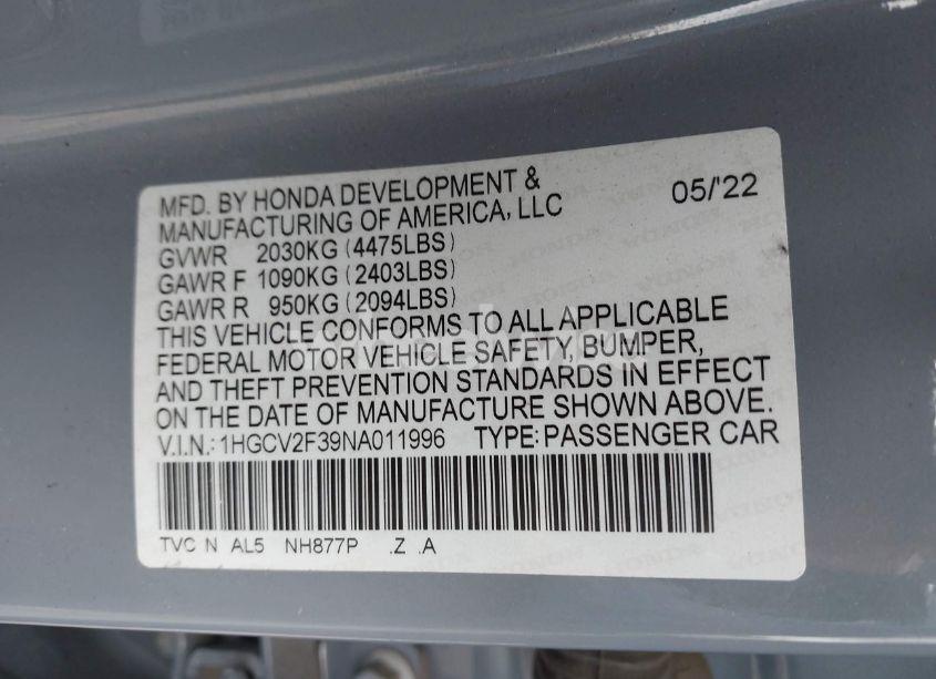 Photo 9 of 2022 Honda Accord SPORT 2.0T (VIN 1HGCV2F39NA011996)