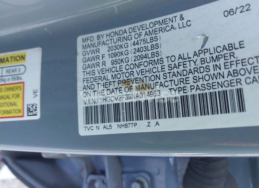 Photo 9 of 2022 Honda Accord SPORT 2.0T (VIN 1HGCV2F39NA014963)