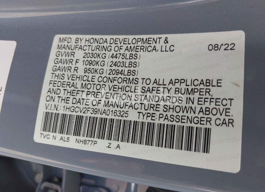 Photo 9 of 2022 Honda Accord SPORT 2.0T (VIN 1HGCV2F39NA016325)