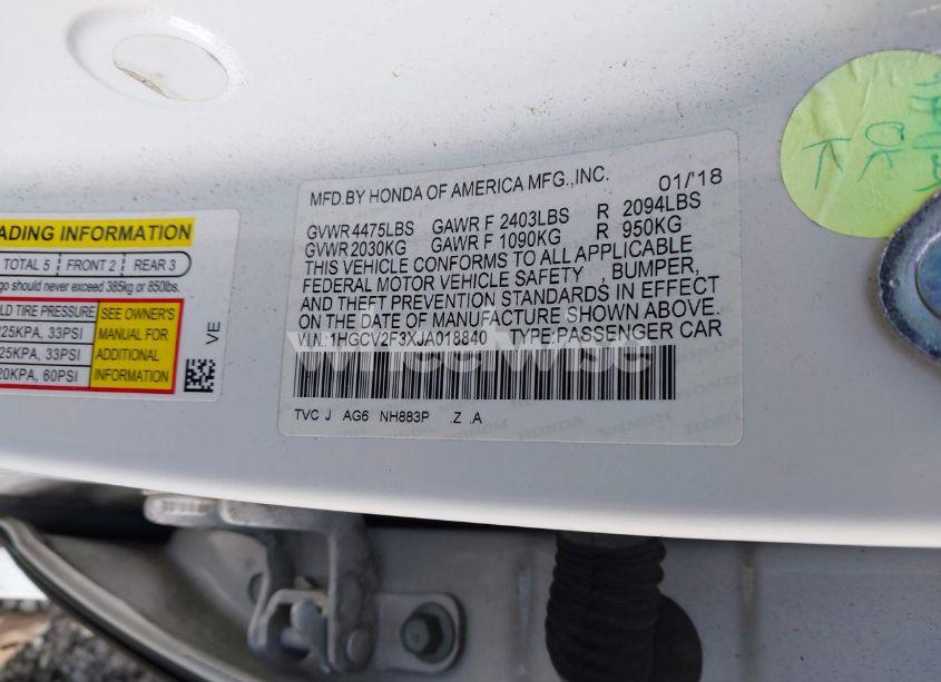 Photo 9 of 2018 Honda Accord SPORT 2.0T (VIN 1HGCV2F3XJA018840)