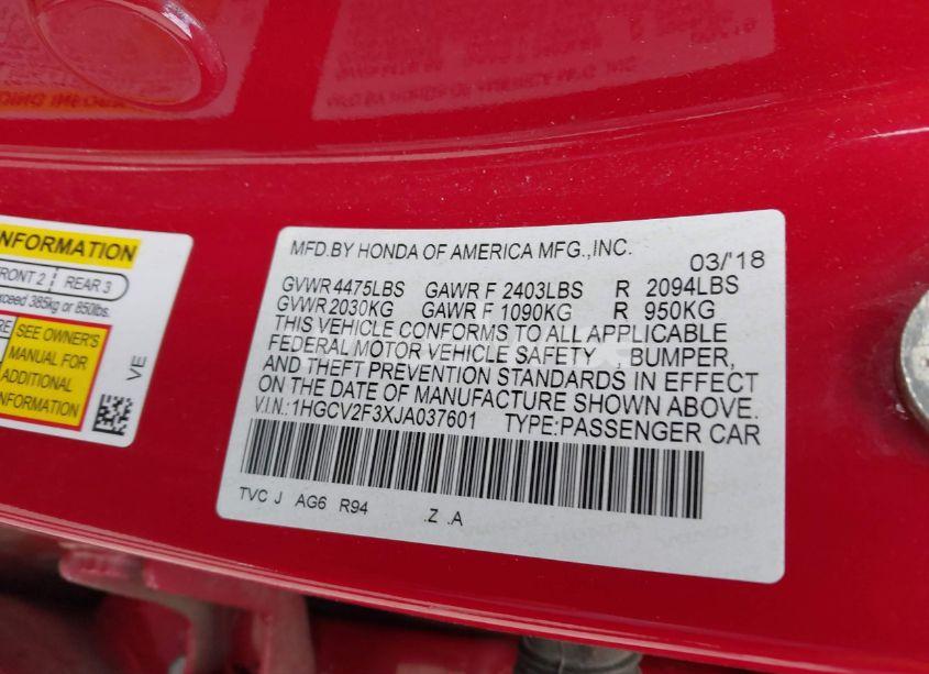 Photo 9 of 2018 Honda Accord SPORT 2.0T (VIN 1HGCV2F3XJA037601)