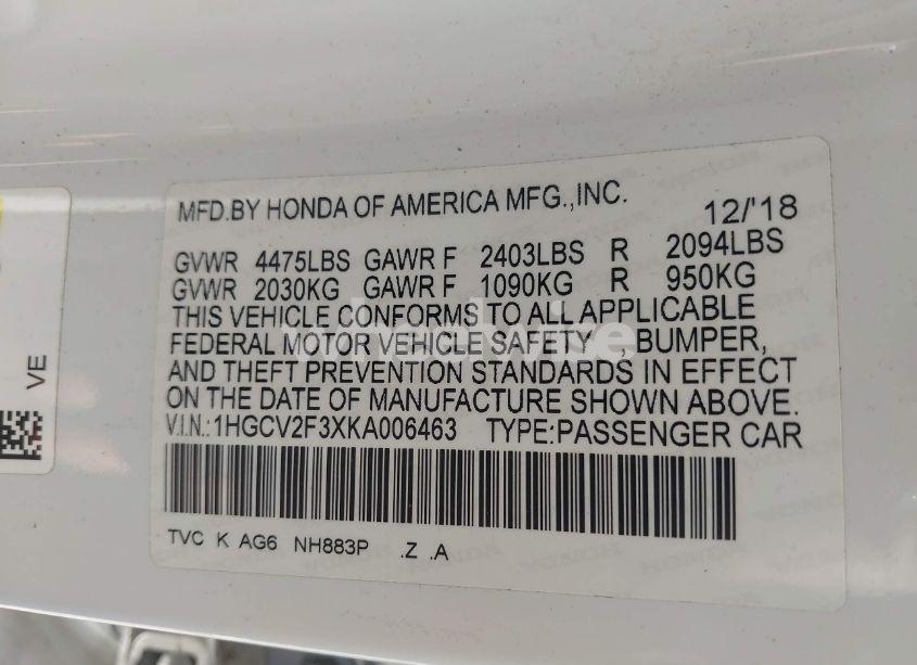 Photo 9 of 2019 Honda Accord SPORT 2.0T (VIN 1HGCV2F3XKA006463)