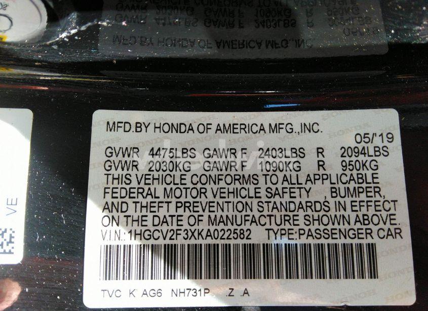 Photo 9 of 2019 Honda Accord SPORT 2.0T (VIN 1HGCV2F3XKA022582)