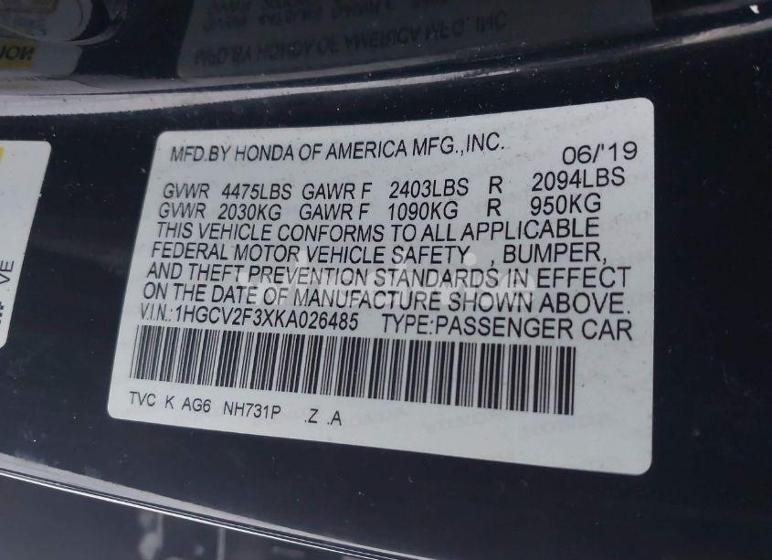 Photo 9 of 2019 Honda Accord SPORT 2.0T (VIN 1HGCV2F3XKA026485)