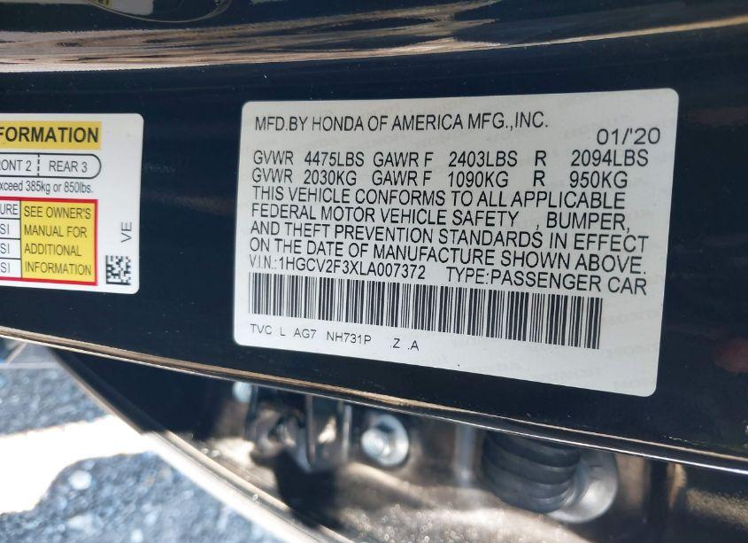 Photo 9 of 2020 Honda Accord SPORT 2.0T (VIN 1HGCV2F3XLA007372)